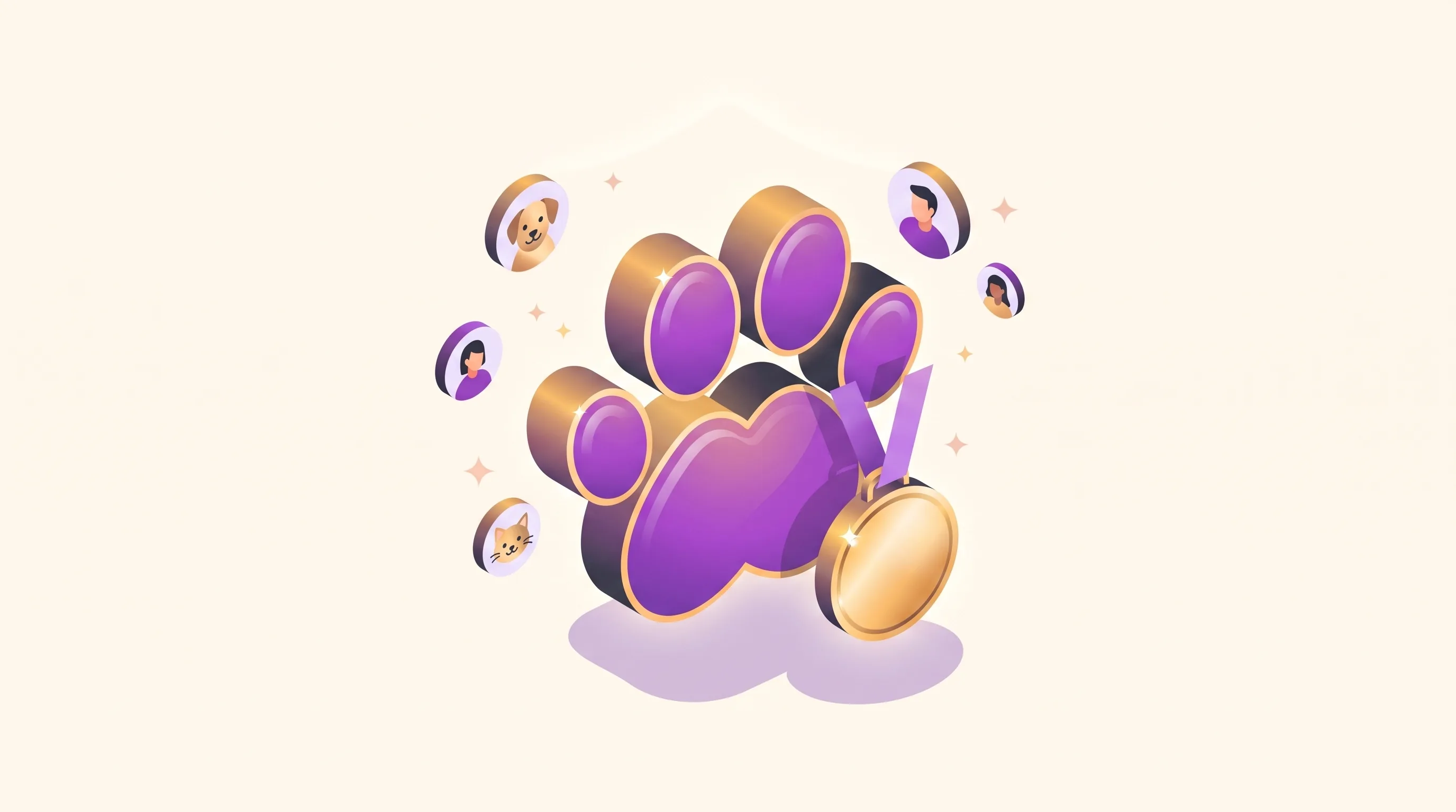 Illustration of a purple paw print with a heart-shaped pad and a gold pet tag