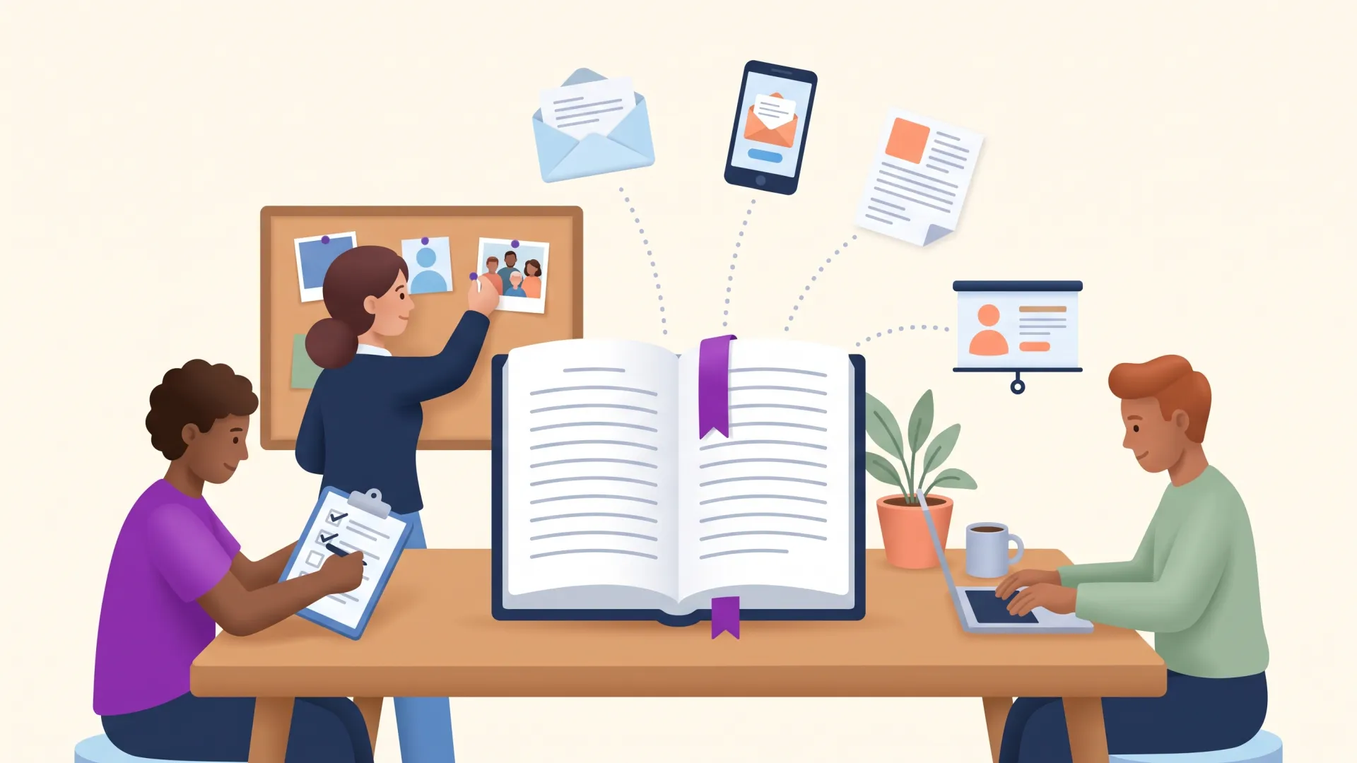 Nonprofit development team building a case for support around one master document, with an appeal letter, email, one-pager, and presentation branching from it