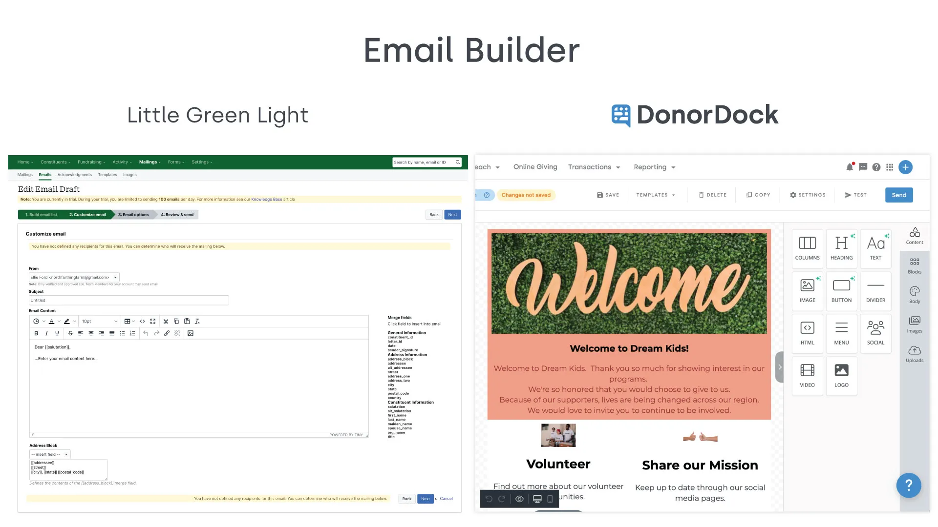 image reviews Little Green Light nonprofit CRM email builder compared to DonorDock's donor outreach platform. Little Green Light has a green and white text based email that looks clunky and outdated. DonorDock nonprofit CRM shows a drag and drop email builder that lets you design beautiful emails like this Welcome email with a coral background with the words "Welcome" written in gold over an image of greenery.
