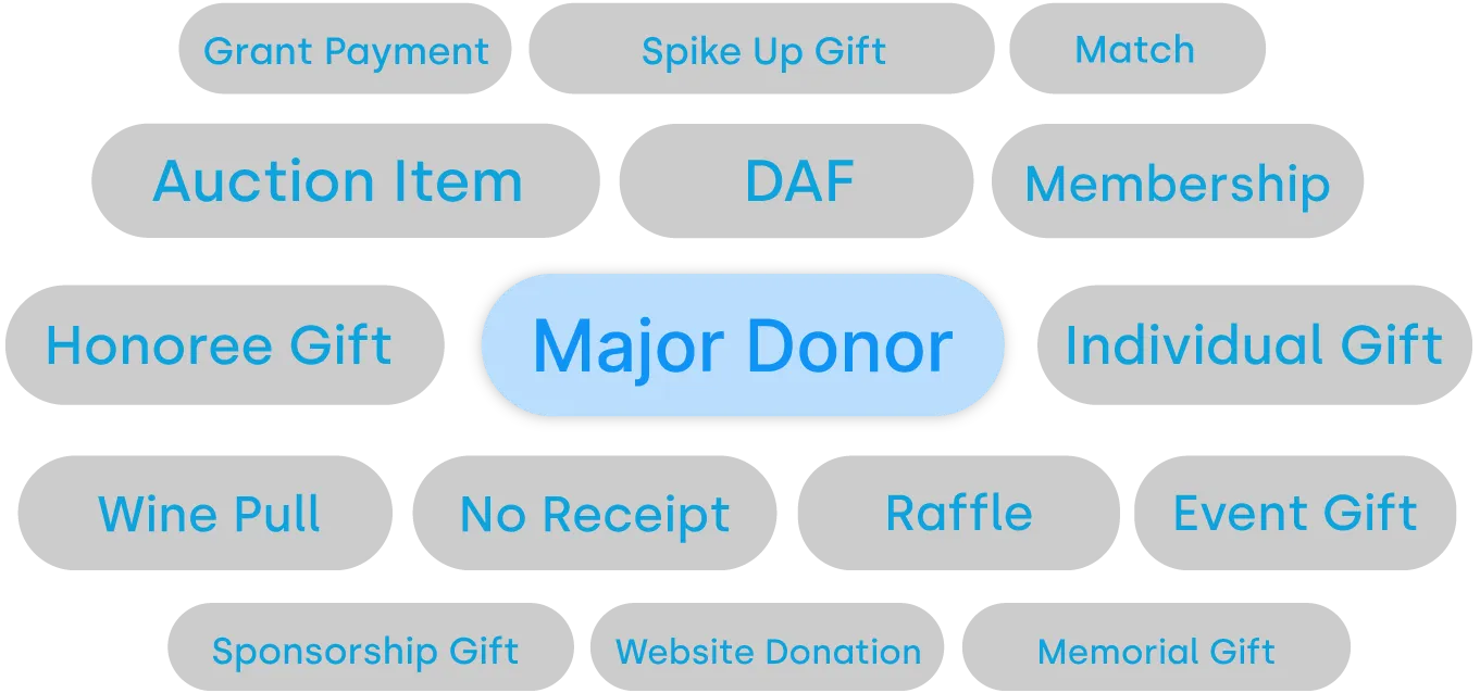 Donation segmentation through gift tags. Shows grey badge items that say grant payment, spike up gift, match, auction item, DAF, Membership, Honoree Gift, individual gift, wine pull, website donation, memorial gift, sponsorship gift. The center gift says Major Donor and is highlighted blue.