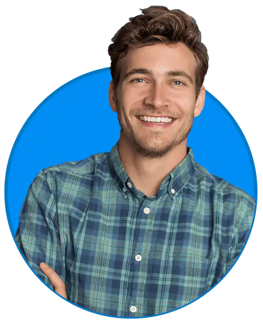 A young adult who has brown hair and a bit of a beard. He's wearing a blue and green plaid shirt and has a big smile. His background is a blue circle. He represents your Nonprofit CRM + donor management hero!