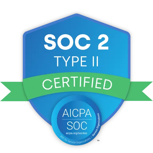 Blue Badge that says Soc 2 Type II certified. AICPA SOC