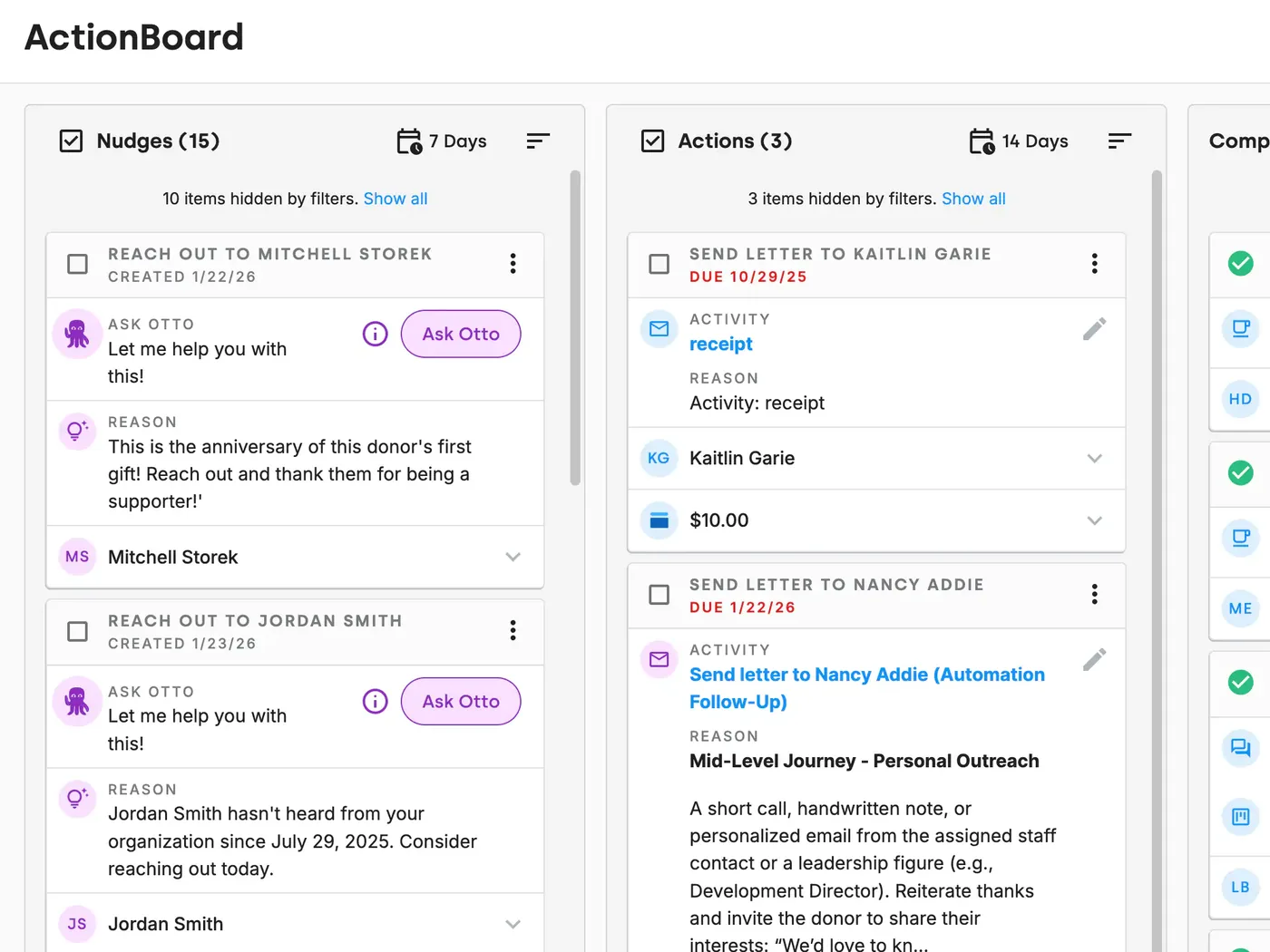 DonorDock Action Board with nudges, actions, and Ask Otto suggestions in one prioritized list