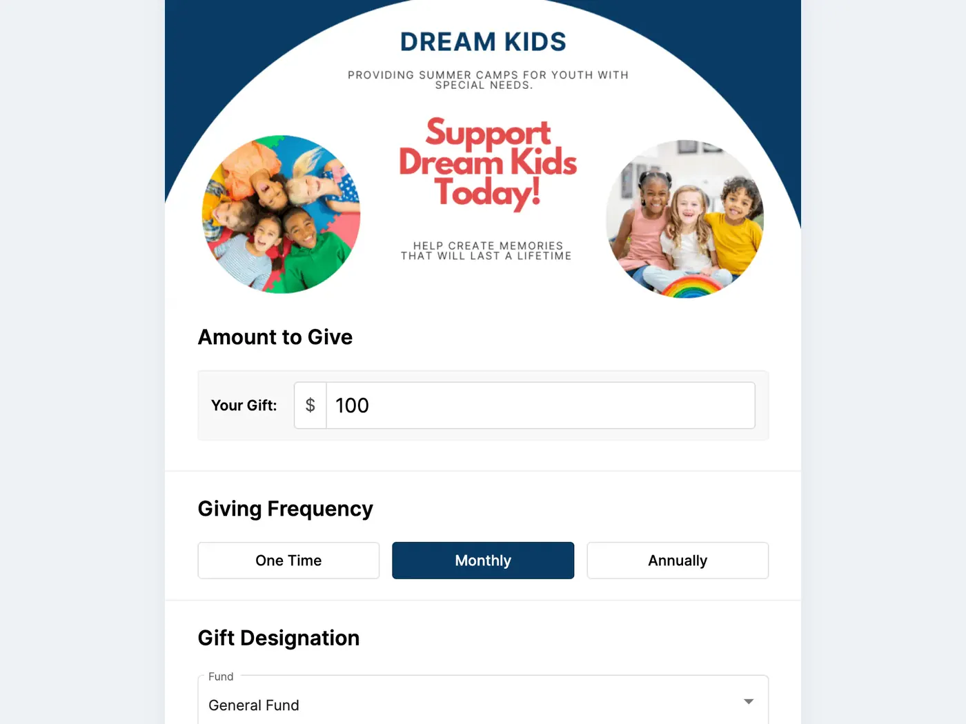 DonorDock giving page for Dream Kids with gift amount, monthly giving, and fund designation