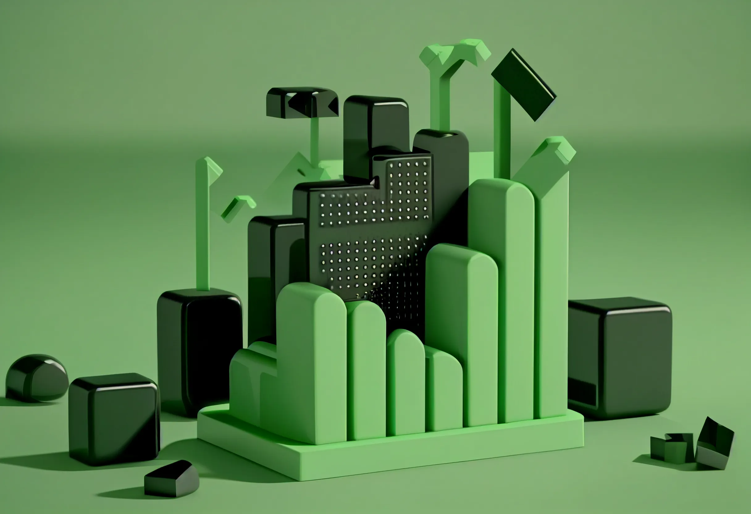 AI-generated 3D render: Plastic toy graph with upward trend
