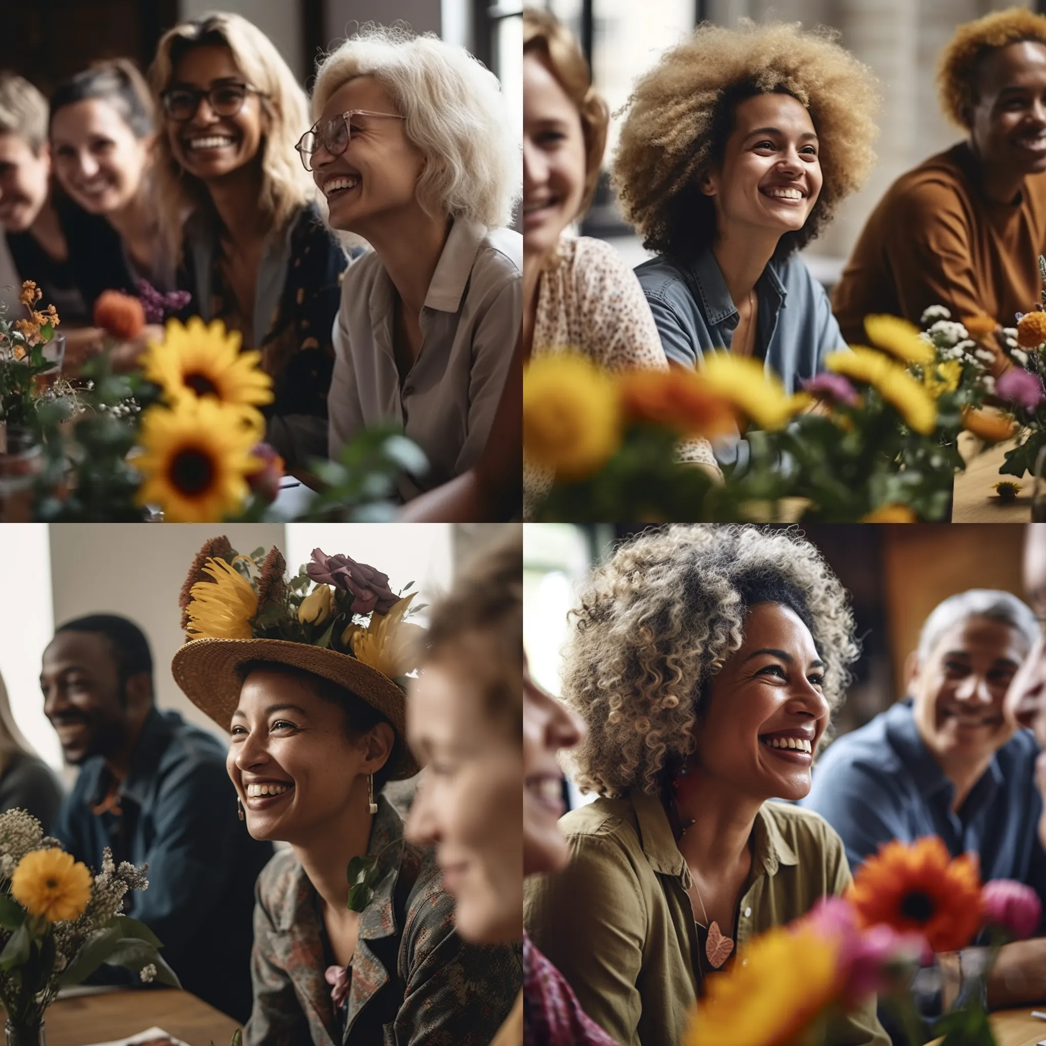 AI-generated photo: Diverse group in a meeting with a floral hat surprise
