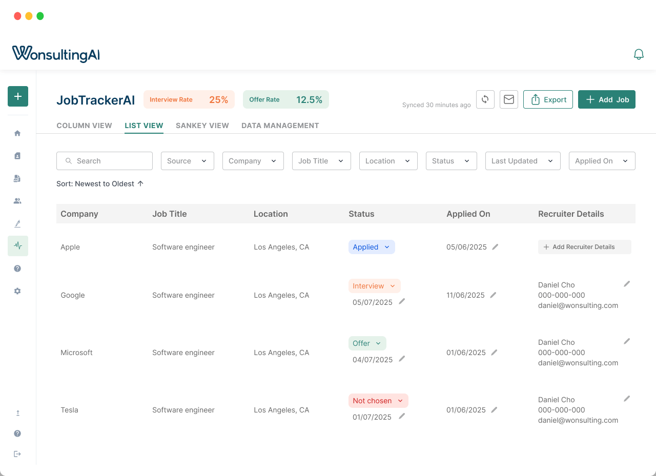 JobTrackerAI by WonsultingAI list view