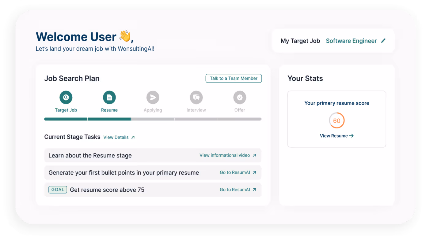 WonsultingAI Job Search Plan Resume Stage