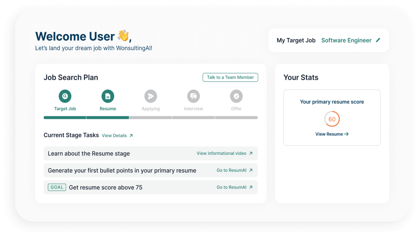 WonsultingAI Job Search Plan Resume Stage