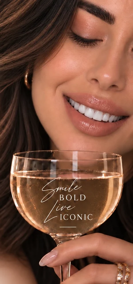 Smiling woman holding a glass of sparkling rosé