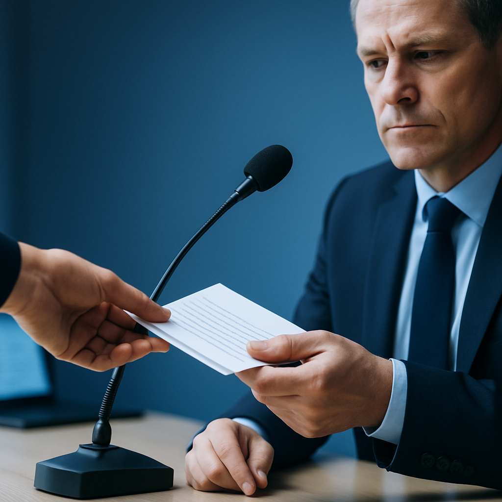 Deux personnes échangent des notes avant une conférence de presse, dans une atmosphère bleue sobre et professionnelle — symbole de la préparation et de la maîtrise du message en communication de crise., comme le fait l'agence Nitidis.