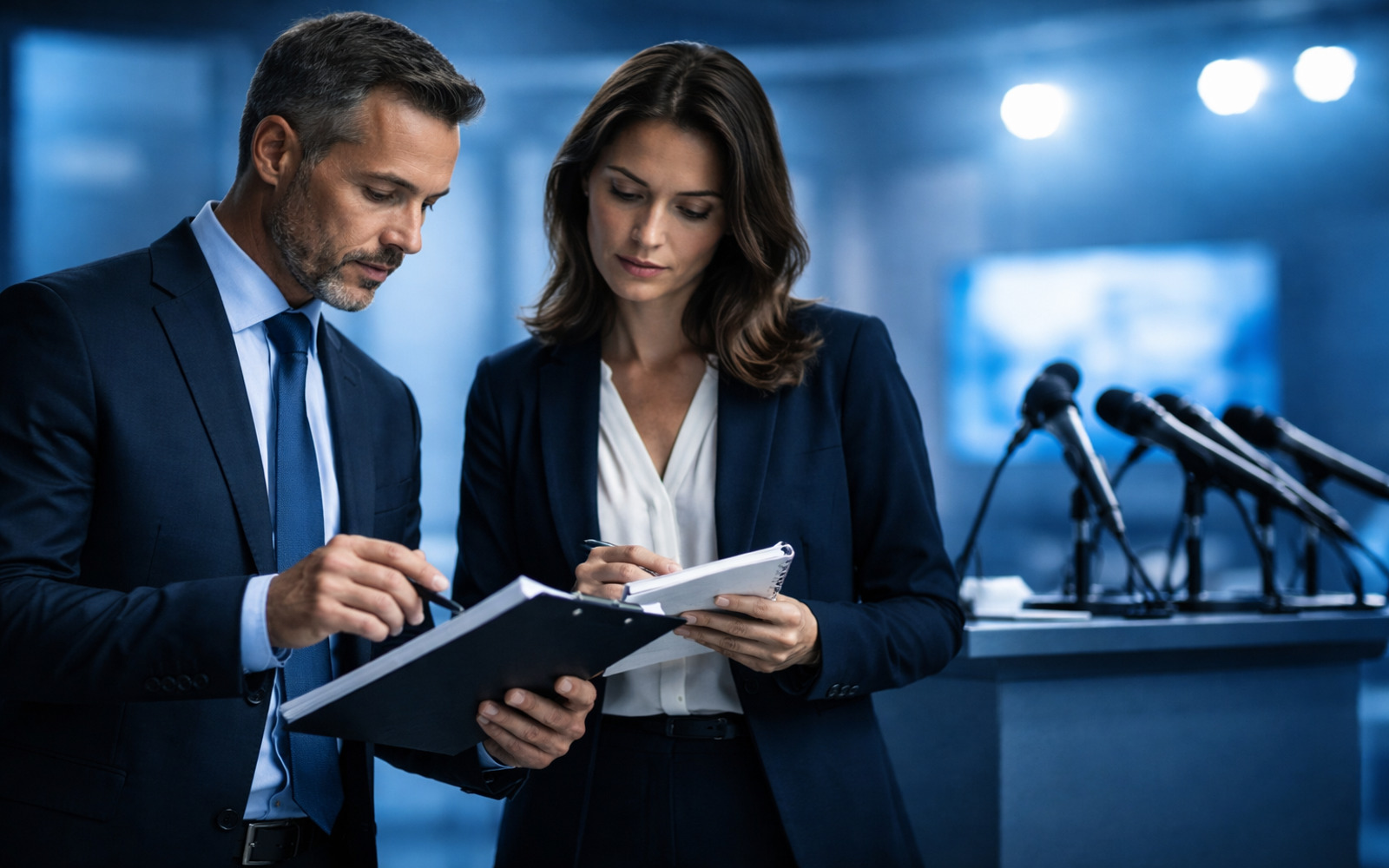 Deux personnes échangent des notes avant une conférence de presse, dans une atmosphère bleue sobre et professionnelle — symbole de la préparation et de la maîtrise du message en communication de crise., comme le fait l'agence Nitidis.