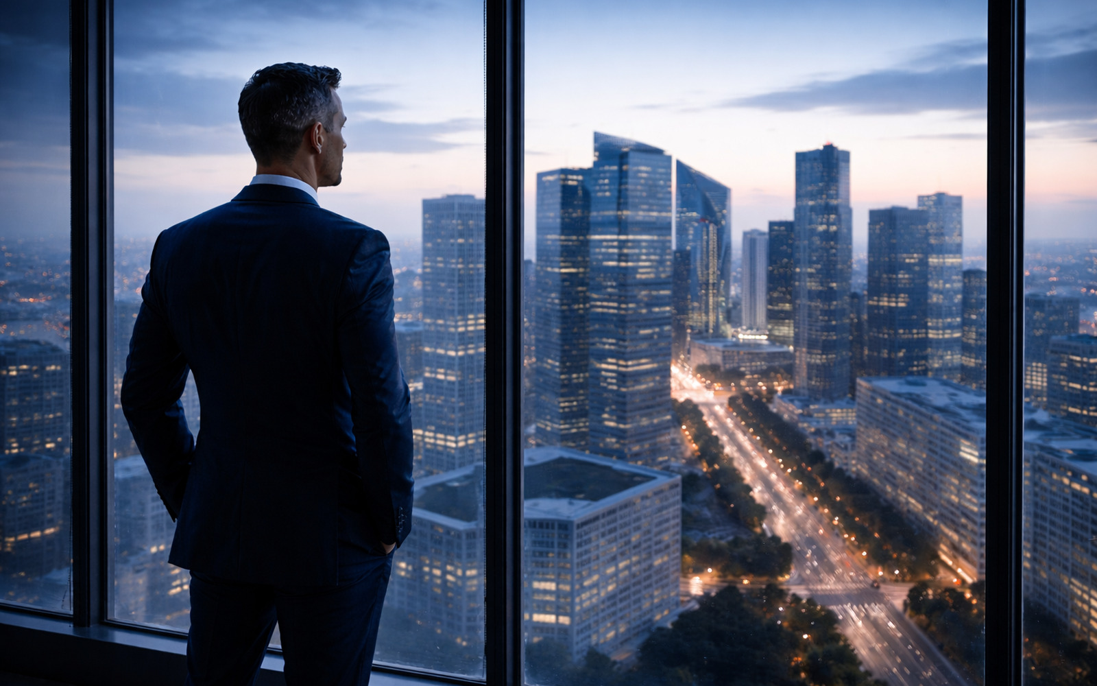 Dirigeant observant la ville à travers une baie vitrée bleutée à l’aube, symbole d’analyse, de décision et d’action maîtrisée — illustration de la communication de crise selon Nitidis.