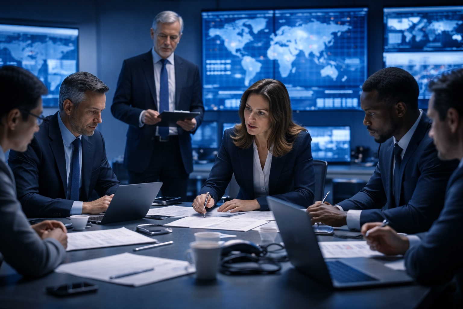 Une équipe de cadres en pleine gestion de crise avec la méthode CRESOP de Nitidis travaille en cellule de crise