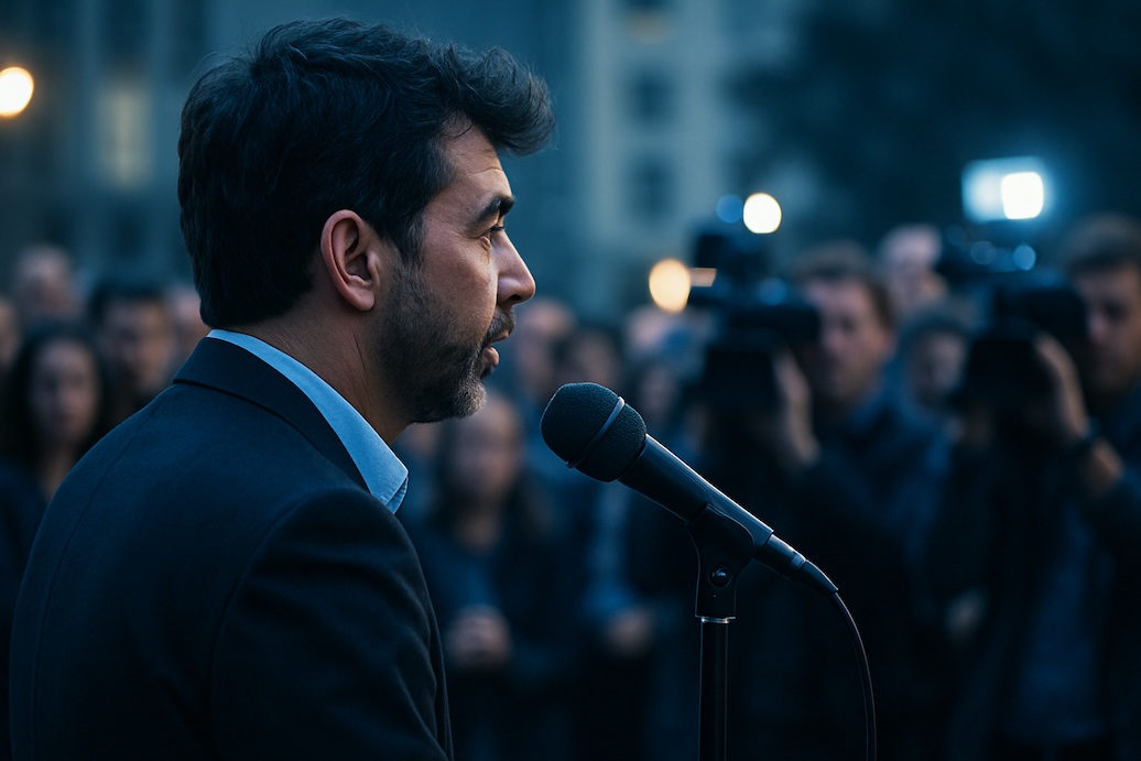 Un dirigeant d'entreprise en situation de gestion de crise répond à des journalistes face à des micros et caméras