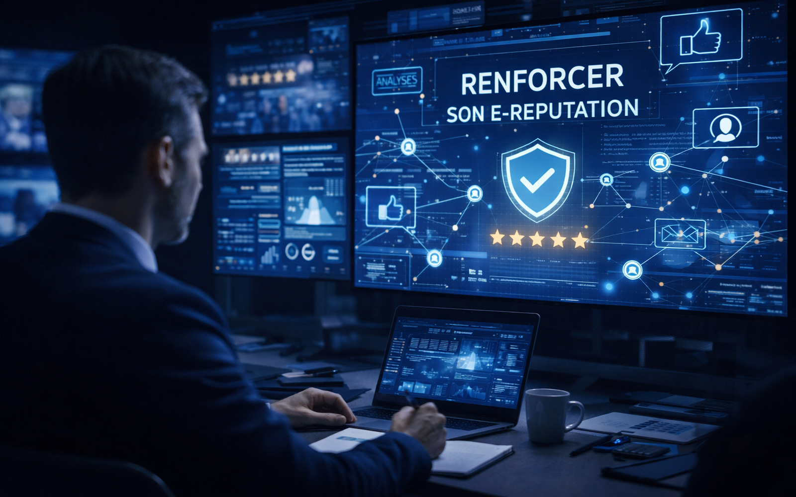 Un dirigeant fait face à une crise devant un écran numérique pour renforcer son e-réputation : analyse des signaux faibles, des avis et des réseaux pour protéger et consolider l’image d’une organisation.