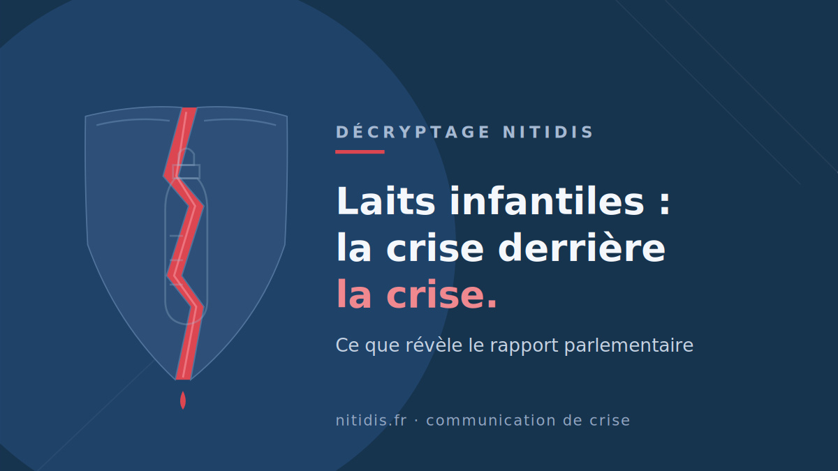 Bouclier bleu fissuré par une fracture rouge, métaphore de la crise de communication des laits infantiles contaminés dans le cadre des gestions de crise.