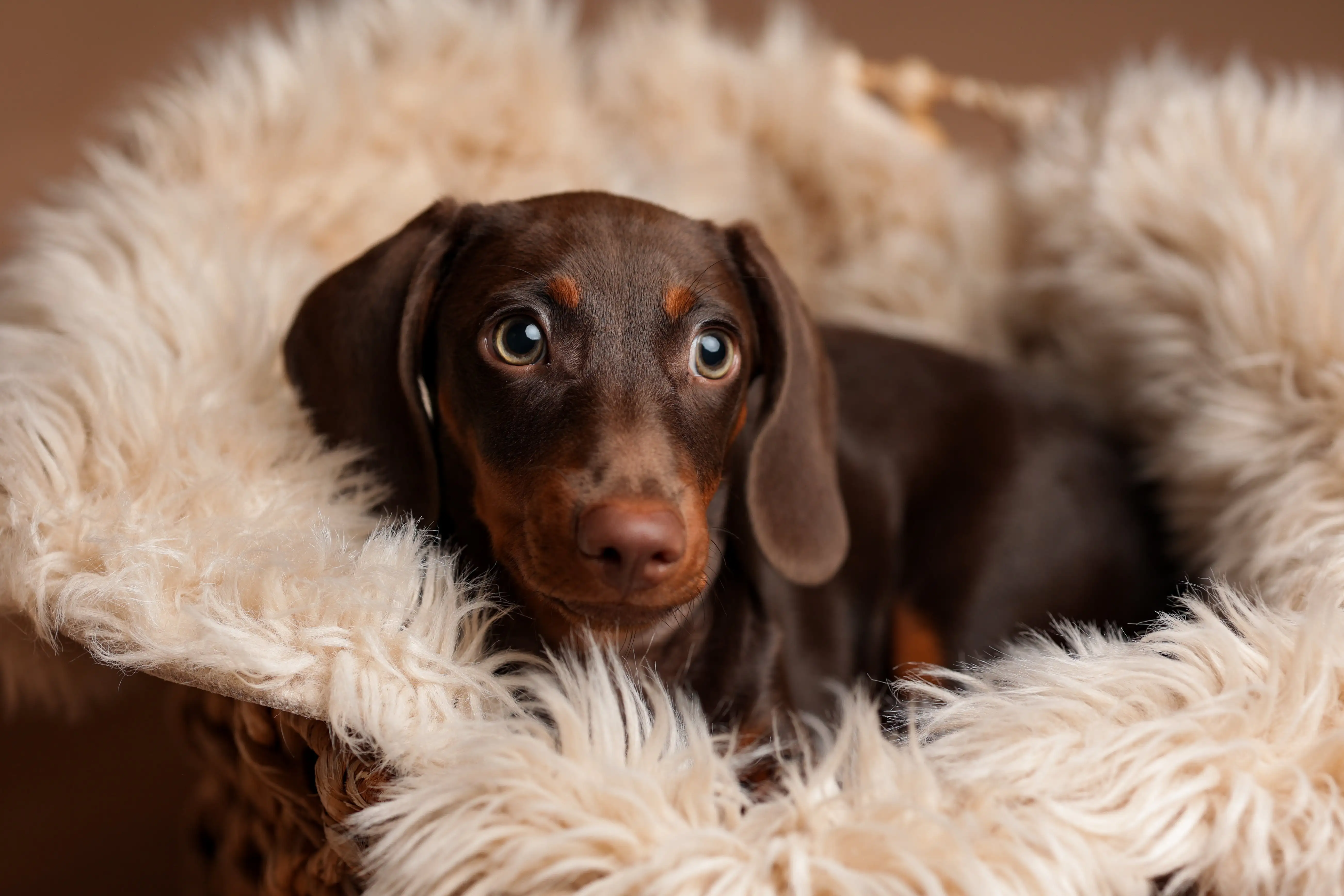 Brown dachshund puppy lying on fluffy cream-colored blanket in wicker basket.