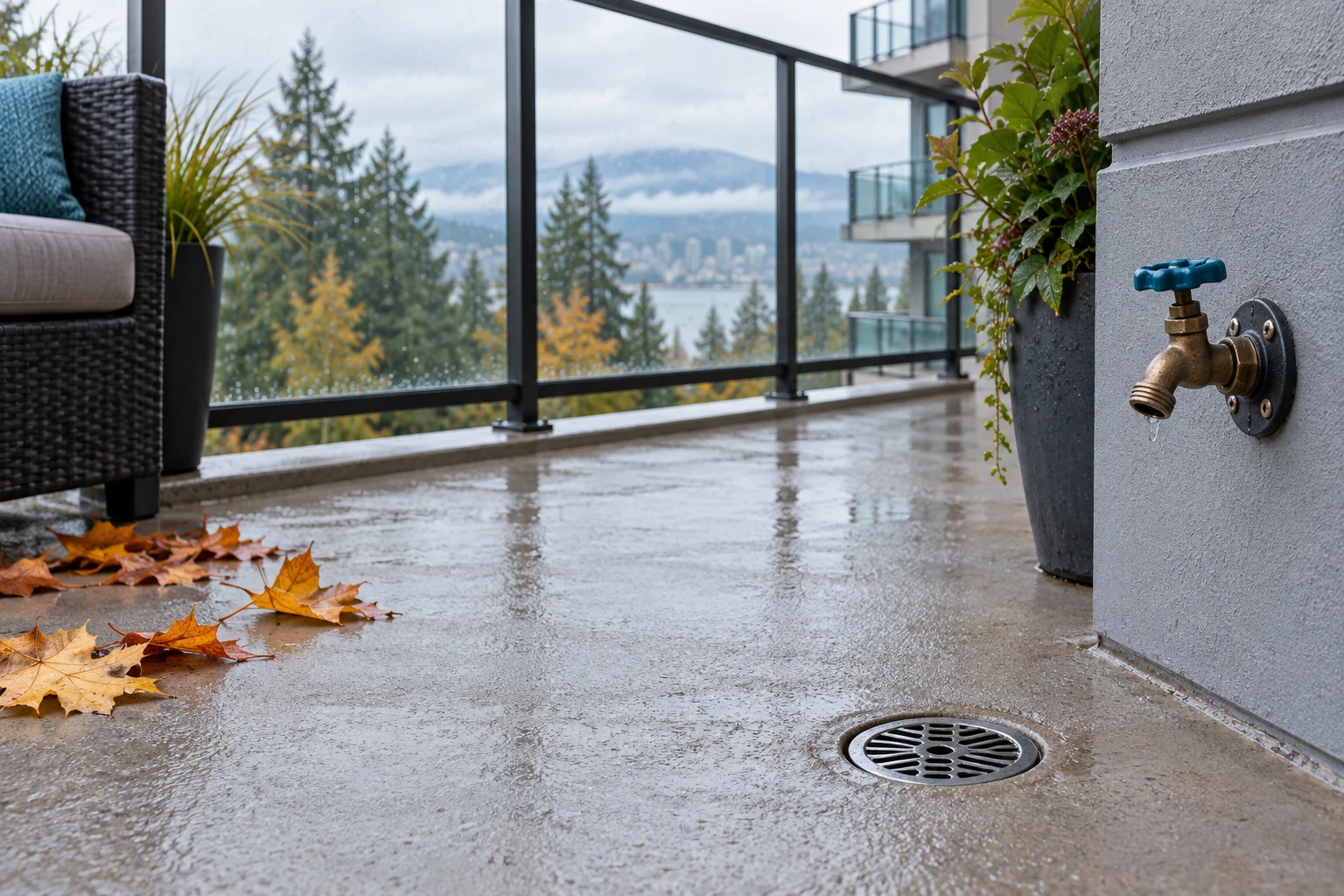 Clear balcony drain and exterior tap on a strata balcony in autumn.
