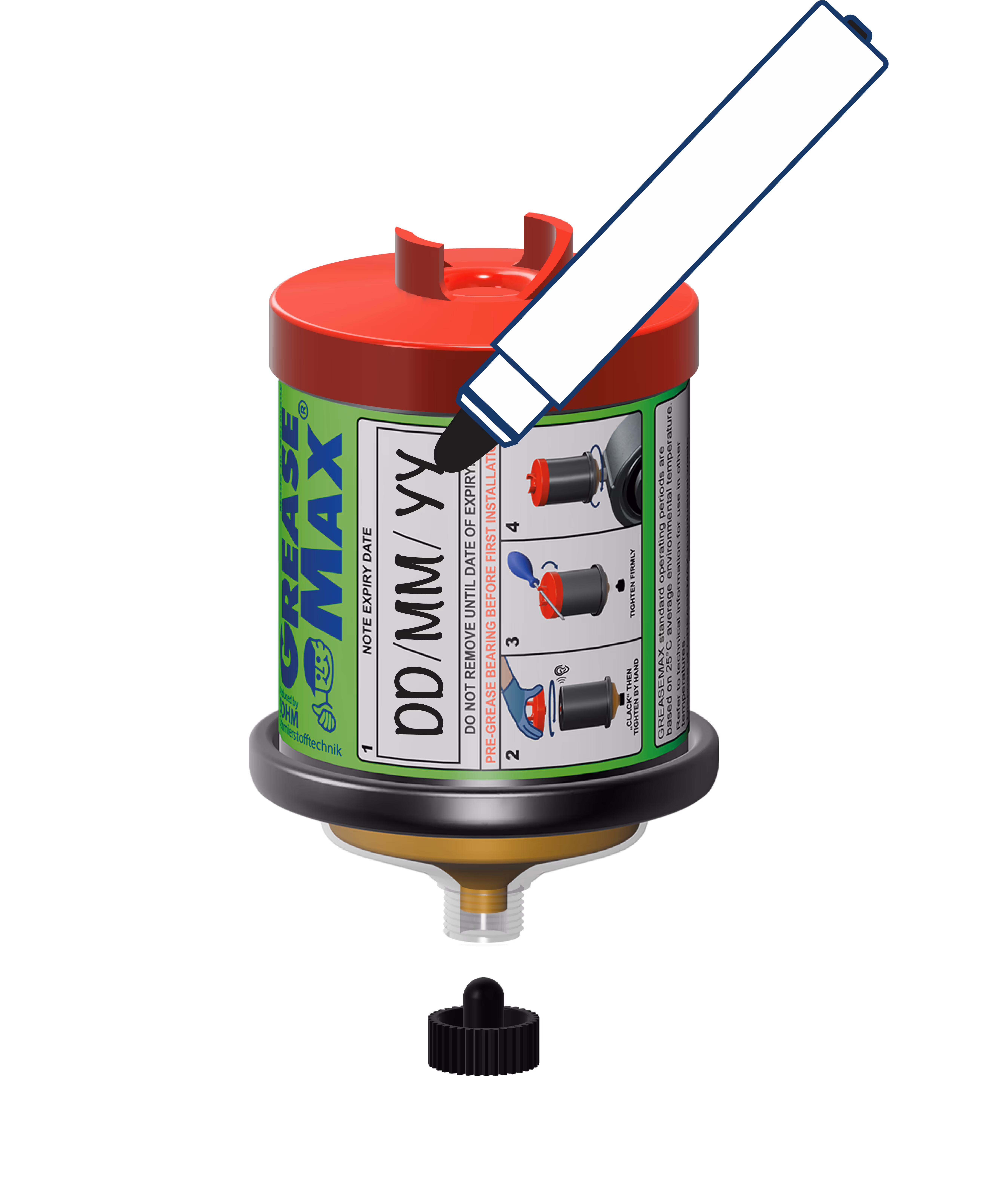 Wechseldatum auf dem Schmierstoffgeber notieren und Verschlusskappe entfernen