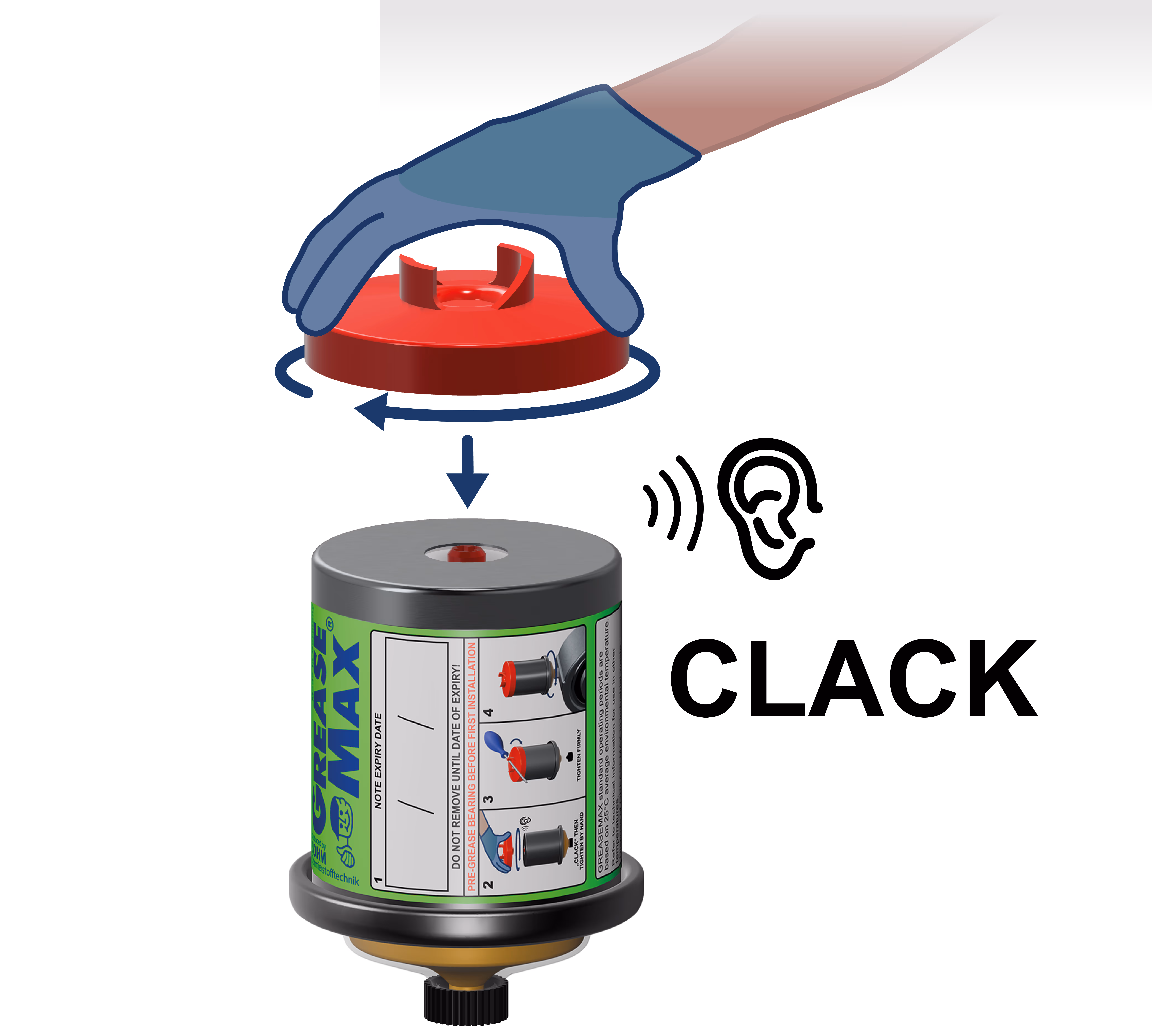 Startdeckel in den Schmierstoffgeber eindrehen, die Auslöseschraube dringt hörbar ein und weiterdrehen