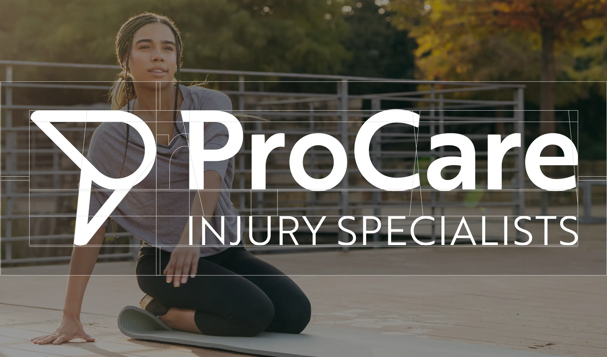Woman with braided hair stretching on a yoga mat outdoors with ProCare Injury Specialists logo overlay.