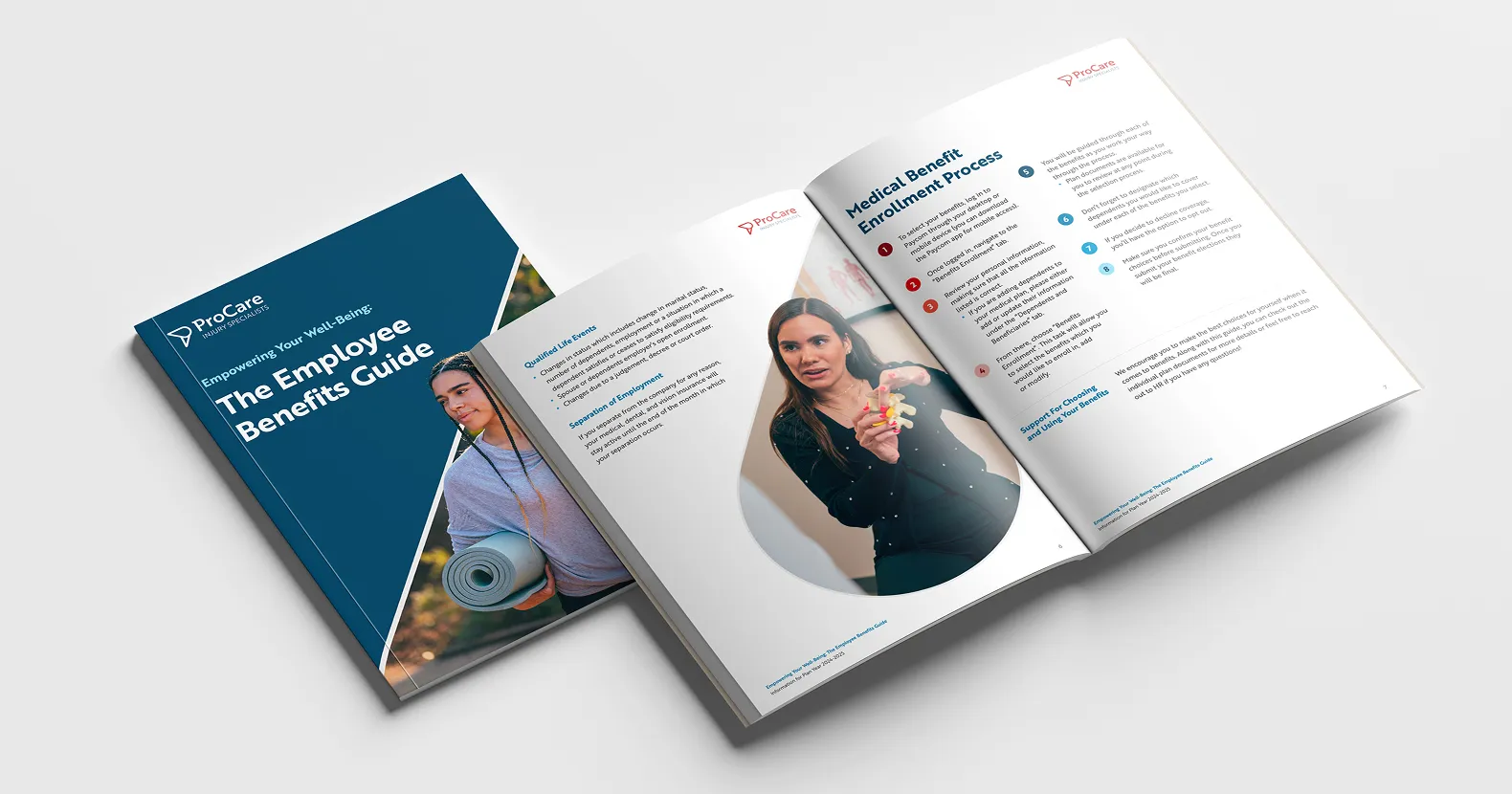 The Employee Benefits Guide booklet by ProCare Injury Specialists, showing cover and an interior spread featuring a woman explaining Medical Benefit Enrollment Process.