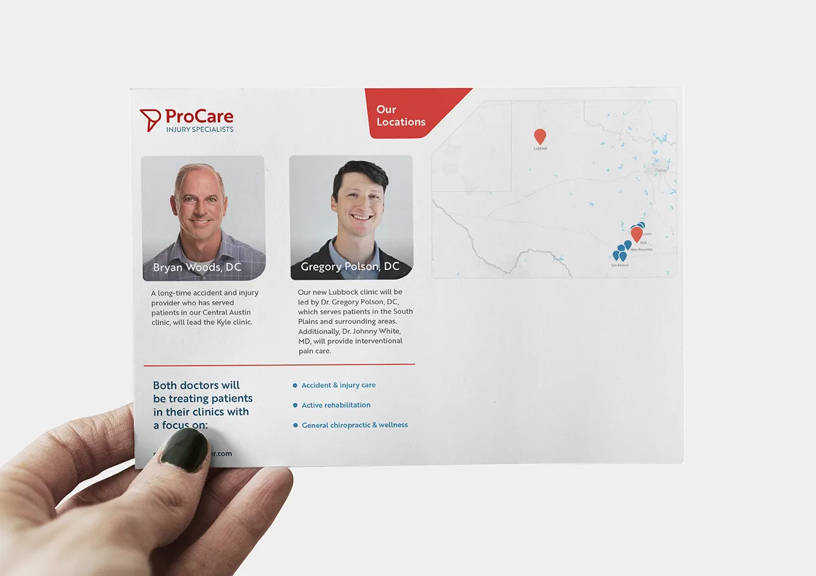 Hand holding a ProCare Injury Specialists flyer featuring photos and descriptions of two doctors, a map showing clinic locations in Texas, and a list of services including accident care, rehabilitation, and chiropractic wellness.
