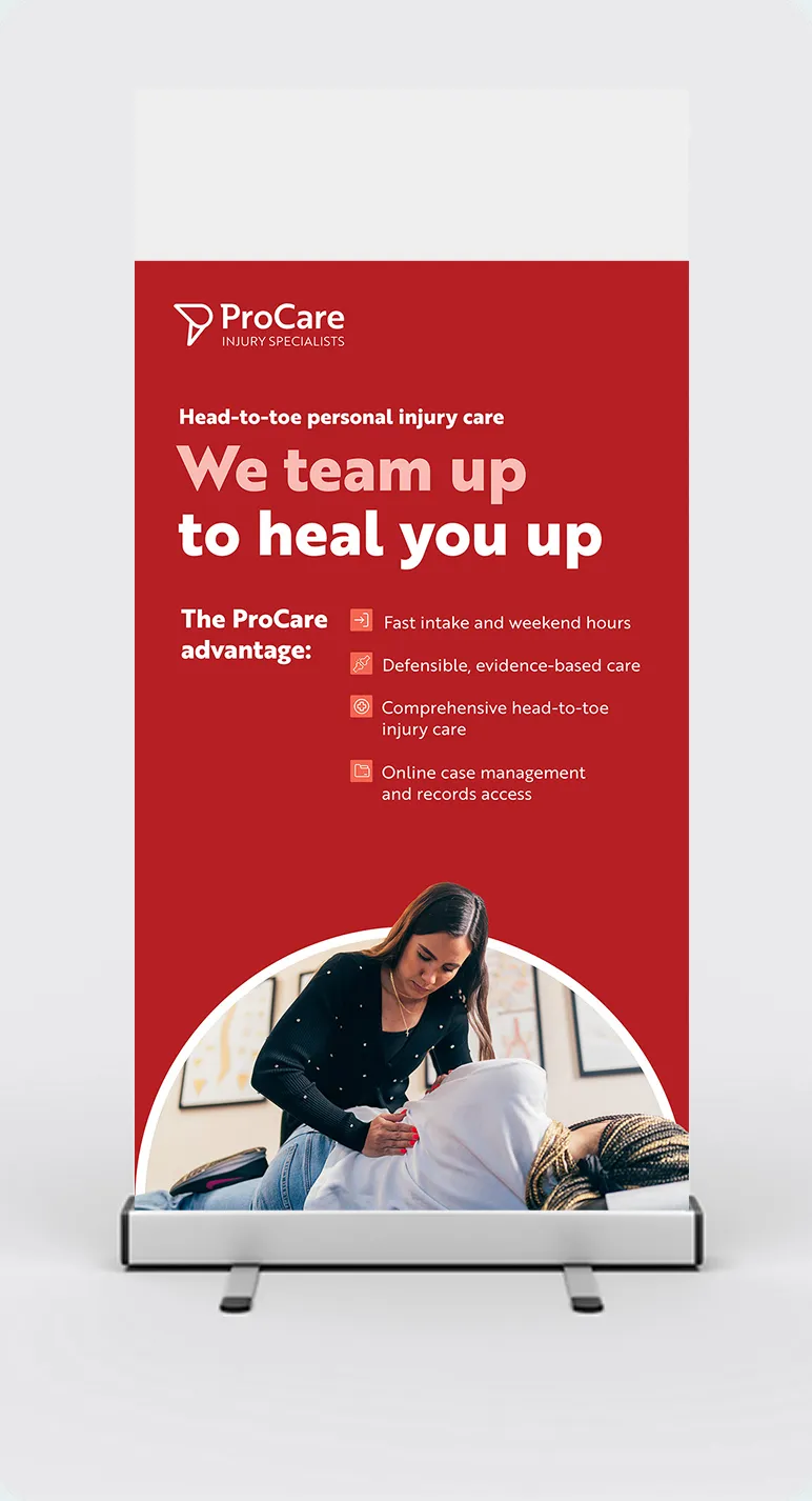 ProCare Injury Specialists banner highlighting head-to-toe personal injury care with a therapist treating a patient lying down.