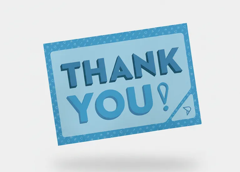 blue thank you card with bold 3D letters and patterned border