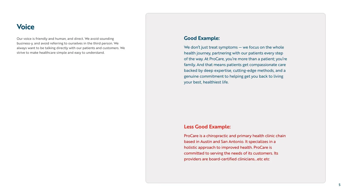 Text explaining ProCare's voice as friendly, human, and direct, with good and less good examples of communication style.