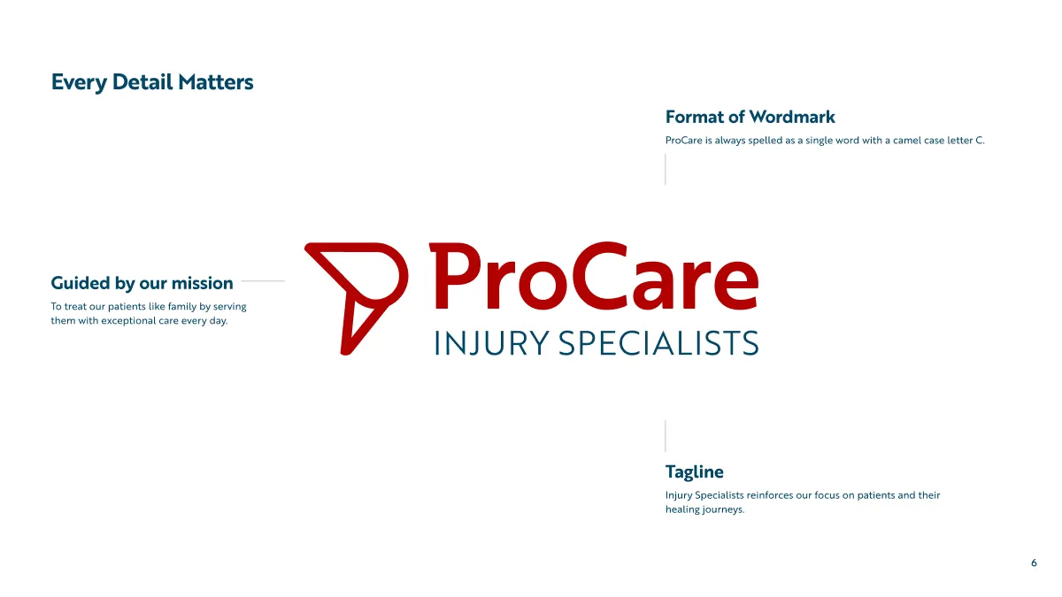 ProCare Injury Specialists logo with a red abstract symbol, emphasizing detail, mission, wordmark format, and tagline about patient care and healing.