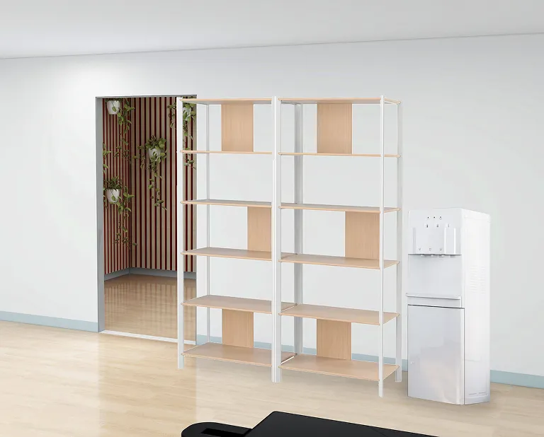 Two wooden shelves alongside a white water cooler in a bright room with an open doorway.