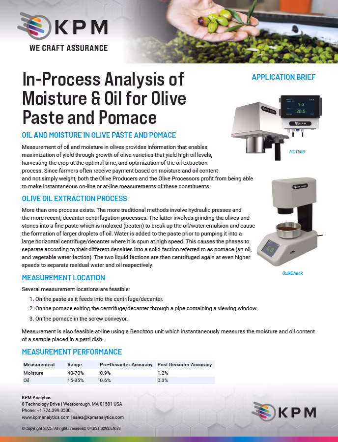 In-Process Analysis of Moisture & Oil for Olive Paste and Pomace