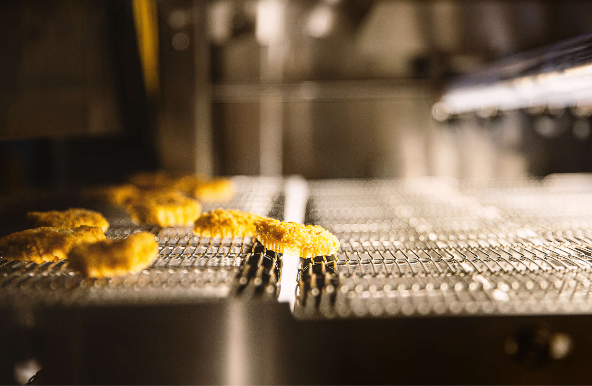 Chicken nuggets on a vision system conveyor belt, traveling over a gap for bottom inspection