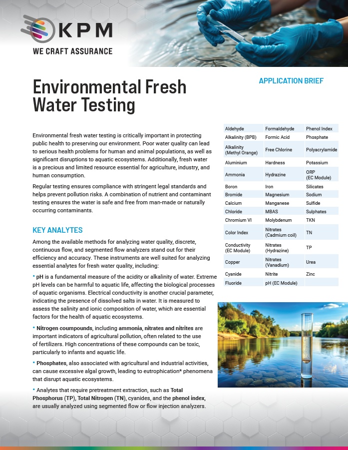 W tym skrócie aplikacji skupimy się na głównych analitach, które należy wykonać w celu przetestowania świeżej woda. Zastosowanie zaawansowanych analizatorów, takich jak SmartChem®, NexaFlo™ i FUTURA, może zoptymalizować ten proces.™