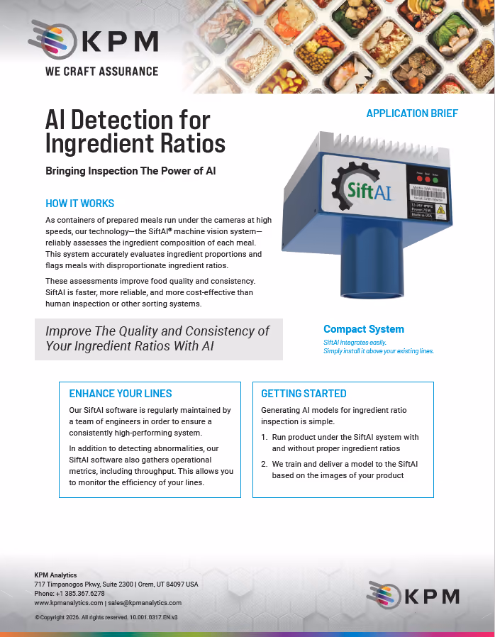 Improve the quality and consistency of your ingredient ratios with the SiftAI® machine vision system, used to accurately evaluate ingredient proportions in prepared meals.