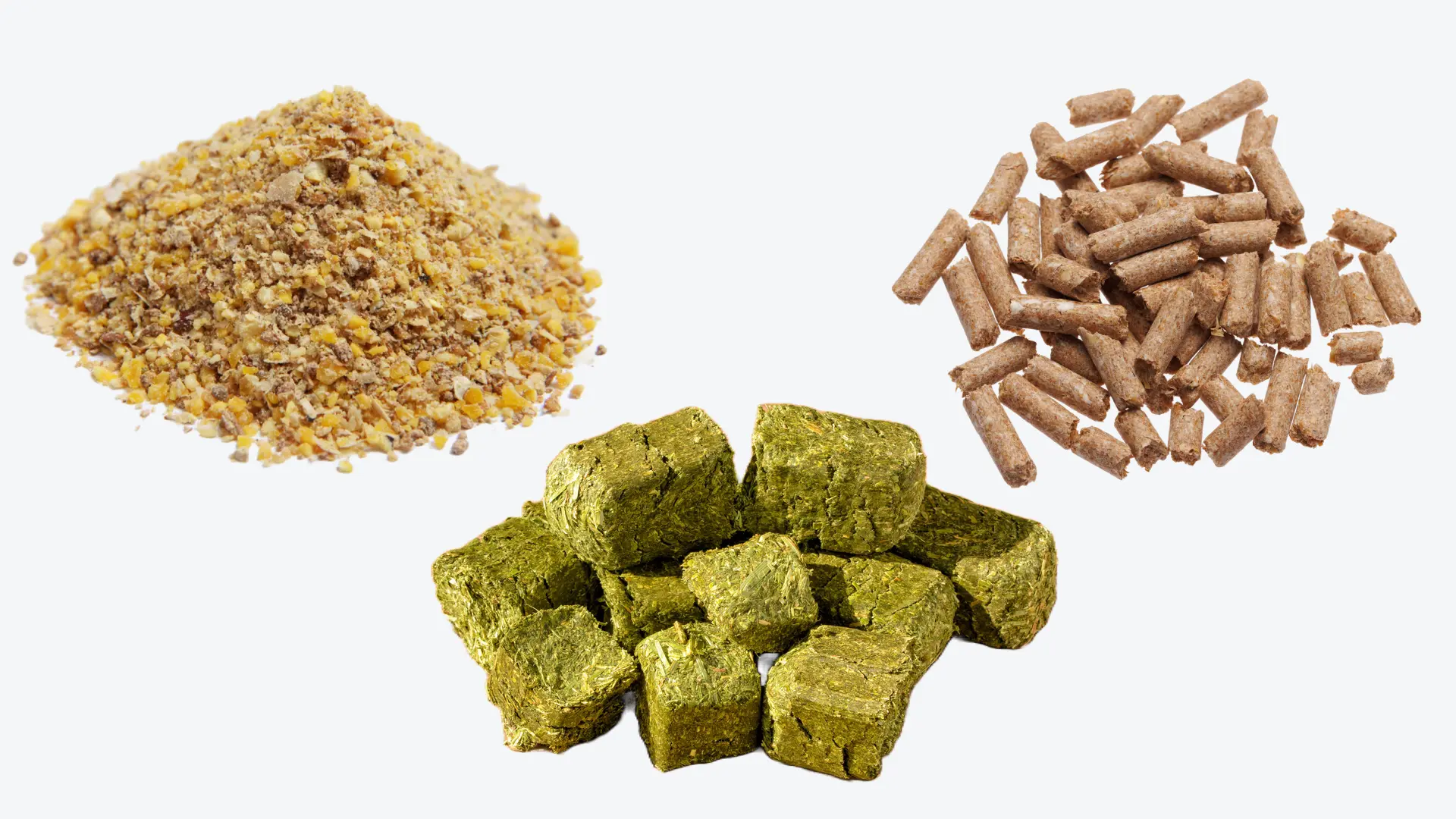 Feed, forage and pet food application images, which are examples of foods whose constituents can be analyzed by the KPM SpectraStar NIR Analyzer