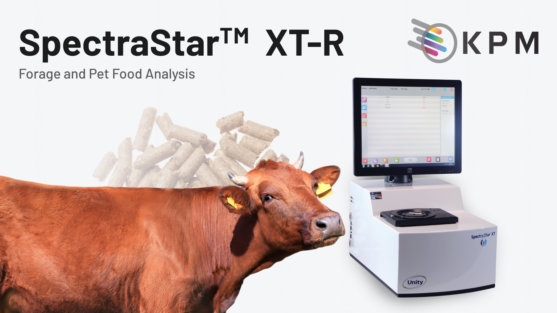 A picture of a cow and feed pellets with a KPM SpectraStar XT NIR Analyzer