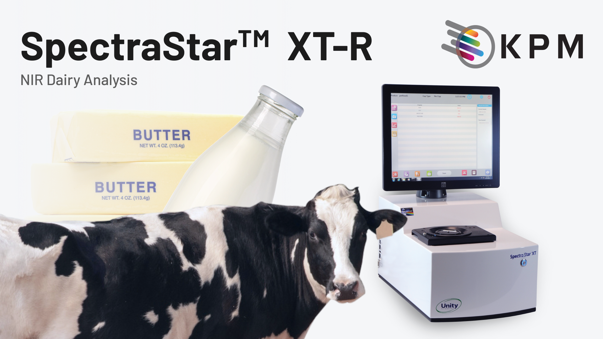 A picture of butter, milk, and a cow with a KPM SpectraStar XT NIR Analyzer
