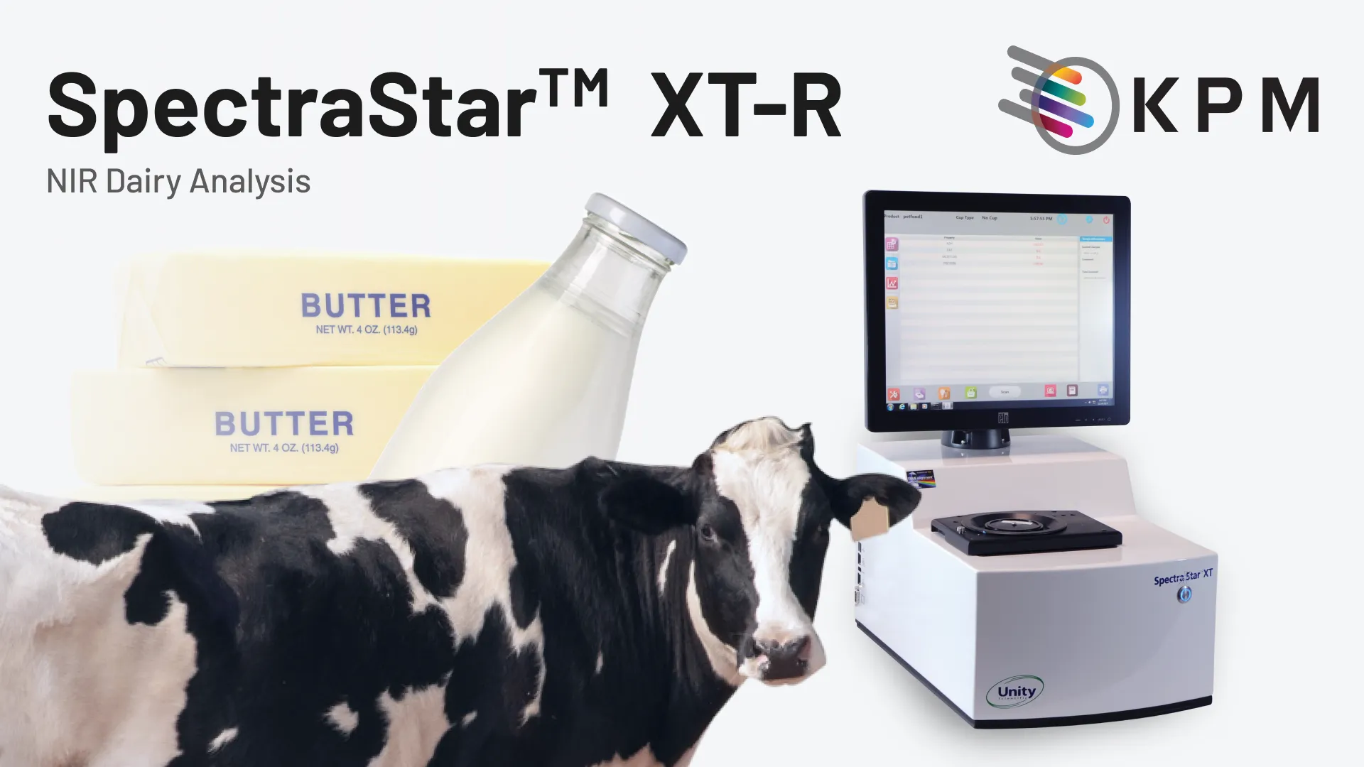 A picture of butter, milk, and a cow with a KPM SpectraStar XT NIR Analyzer