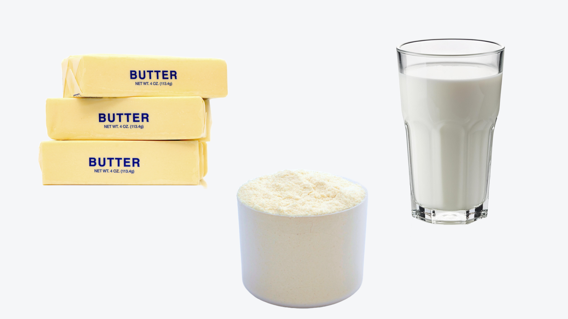 Dairy food and beverage application images, which are examples of foods whose constituents can be analyzed by the KPM SpectraStar NIR Analyzer