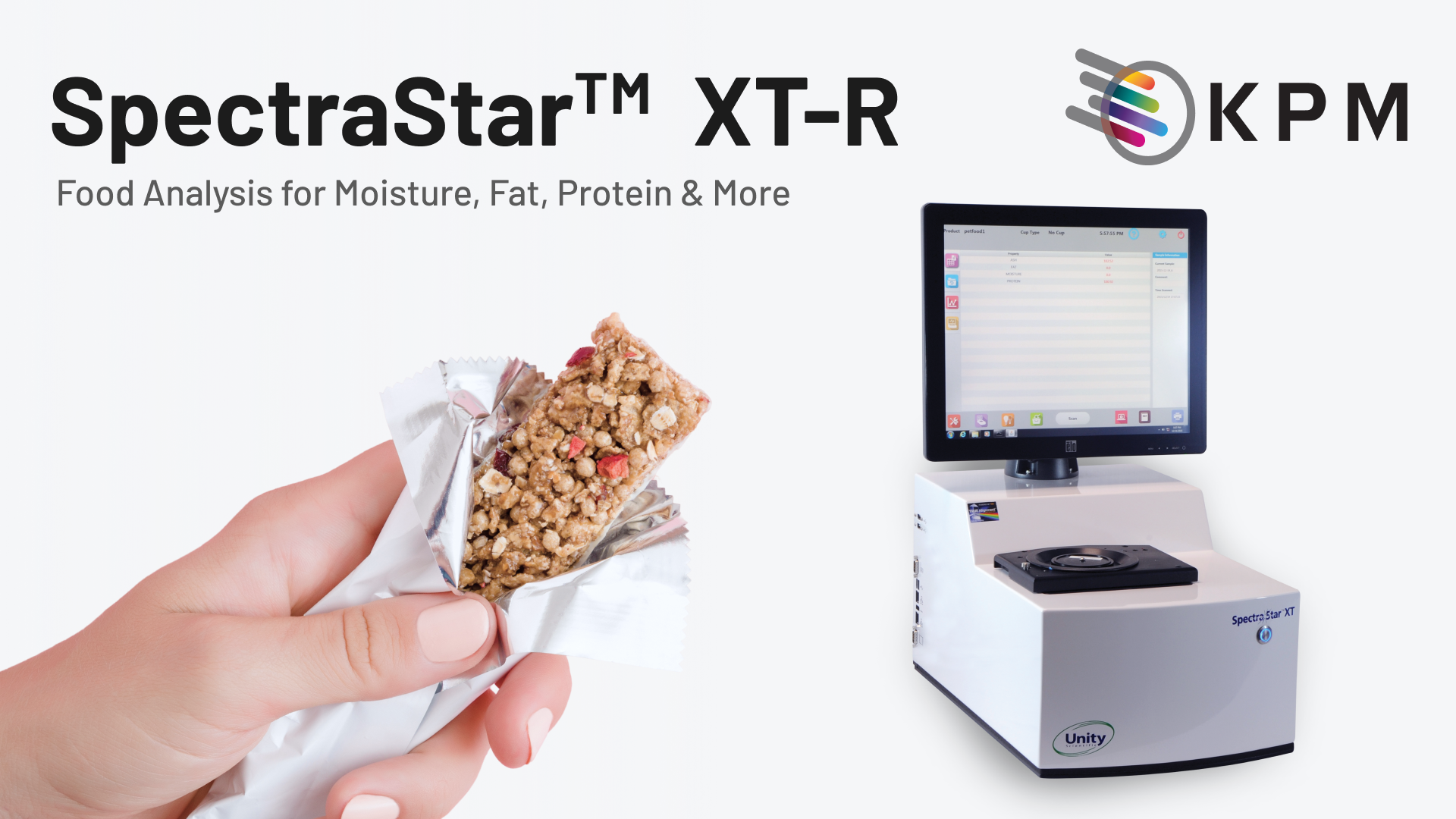 A picture of a granola bar with a KPM SpectraStar XT NIR Analyzer