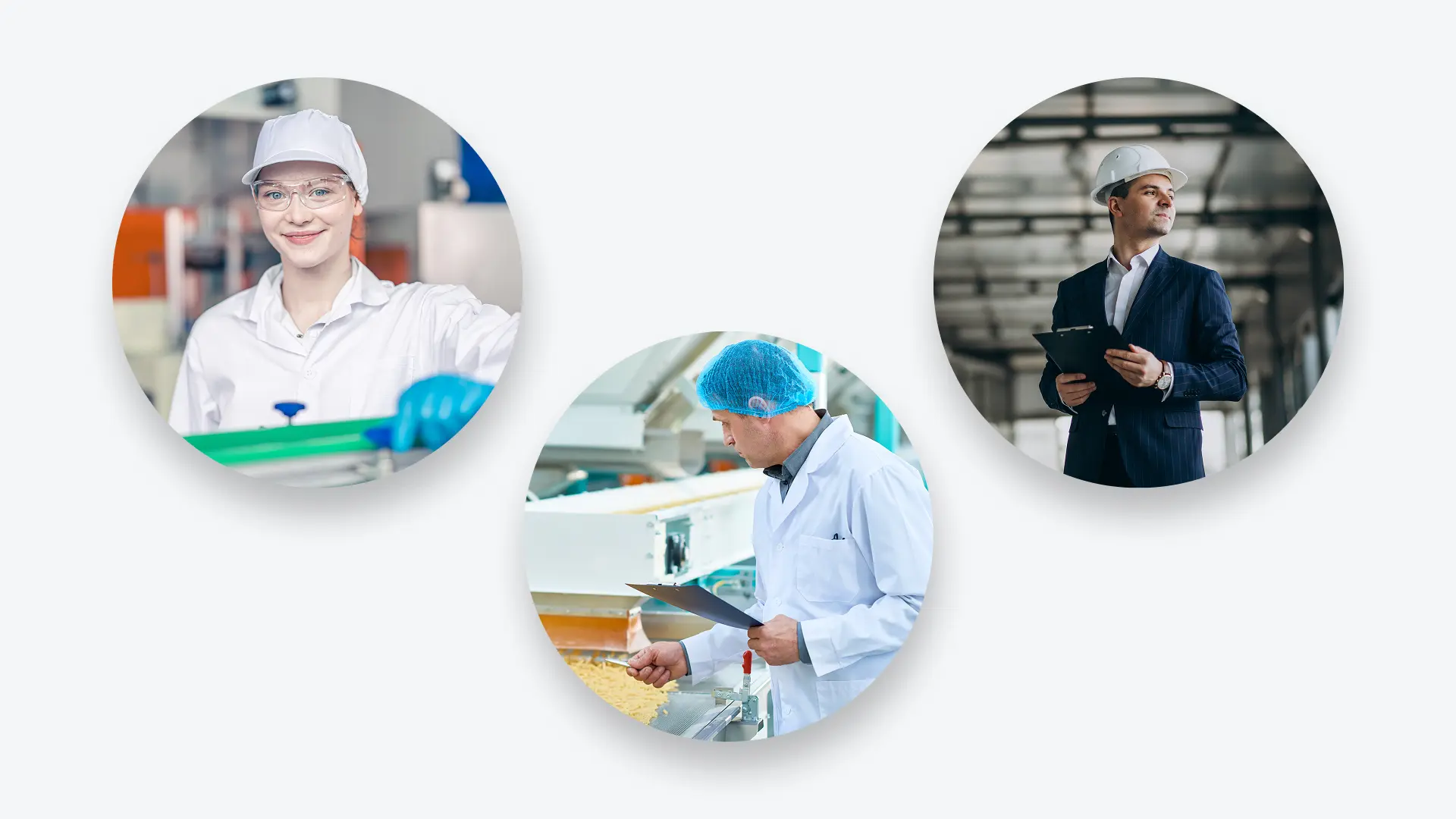 Example images of people working in the snack food industry, concerned about quality control