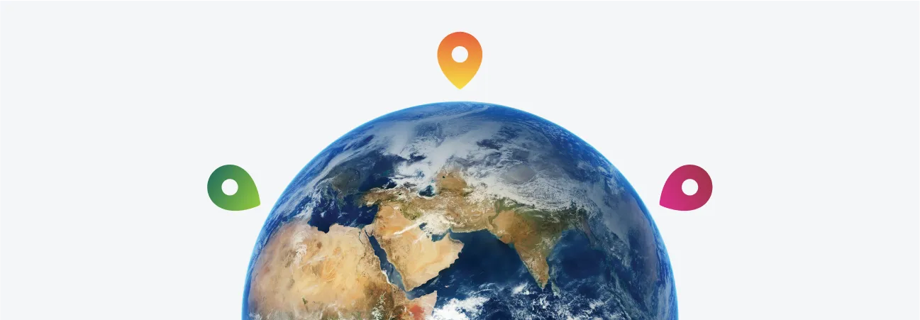 A globe with pinned locations across it