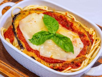 Eggplant parmesan pasta platter at Capo Deli Tysons.