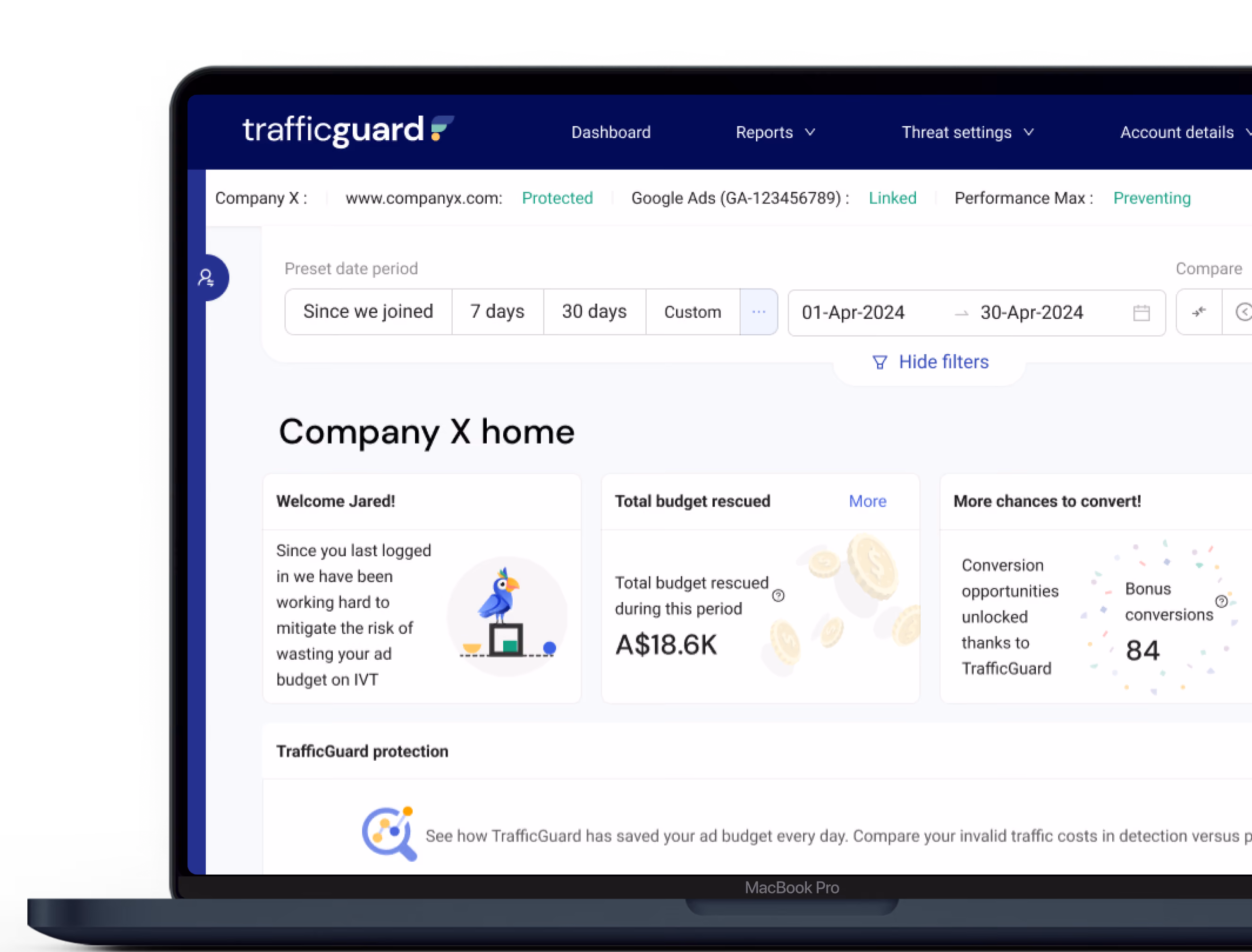a screenshot of trafficguard's click fraud protection dashboard
