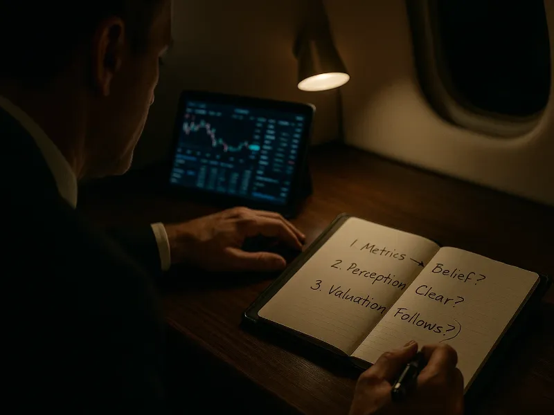 A leader writing strategic notes on how metrics create belief and clear perception to improve valuation, illustrating the core method of the investor audit.