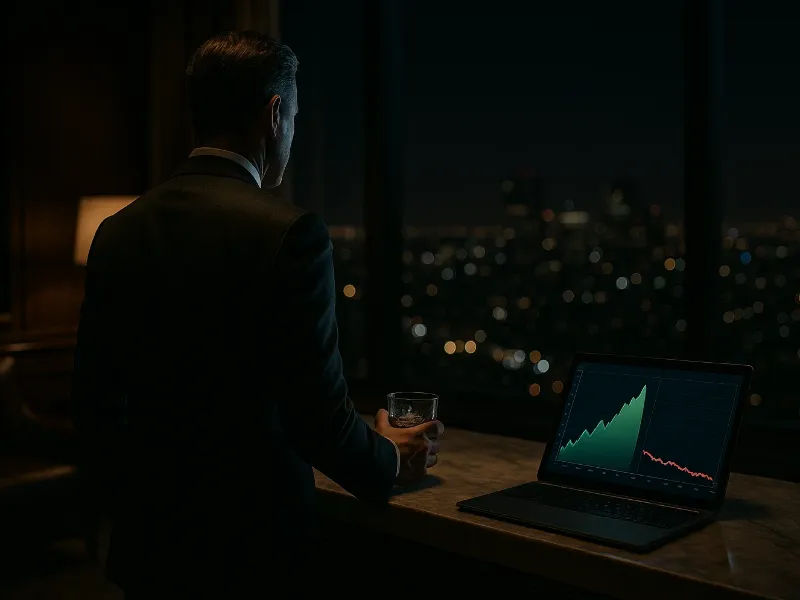 Executive looking over a city at night, concerned about a declining stock price chart on a laptop, highlighting the disconnect between internal performance and investor perception.
