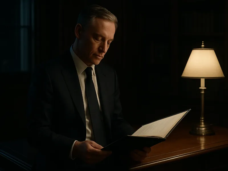 CEO meticulously reviewing an investor presentation in his office, preparing for the Rapid Investor Perception Audit to align performance with market valuation.